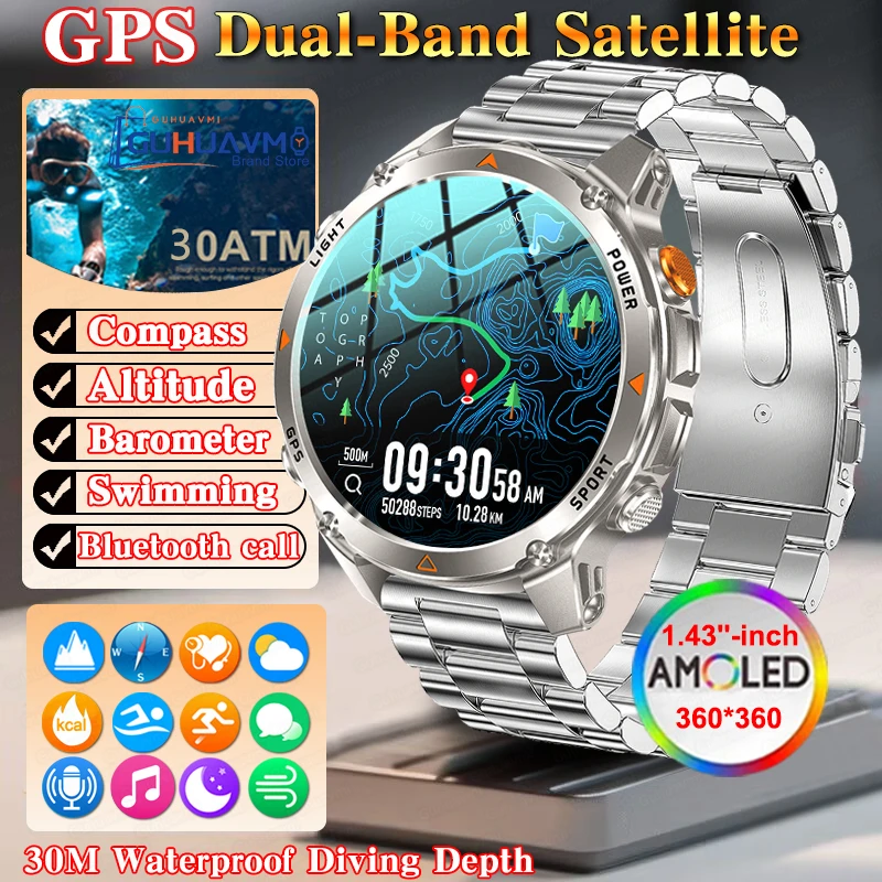 

Military GPS Smart Watch Men Flashlight Compass AMOLED HD 30ATM IP68 Waterproof Outdoor Sport Tracker Bluetooth Call Smartwatch