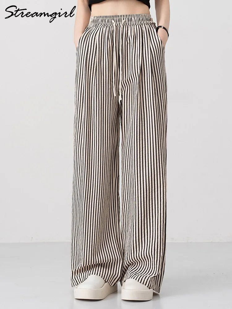 Streamgirl Wide Leg Women Striped Pants Autumn Black White Summer Loose Casual High Waist Trouser Ladies Straight Pants Women