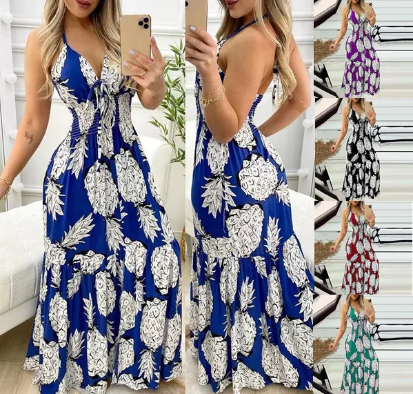 2025 New Neck Tube Top Suspender High Waist Printed Long Dress Sexy Women's Dress Cw20292