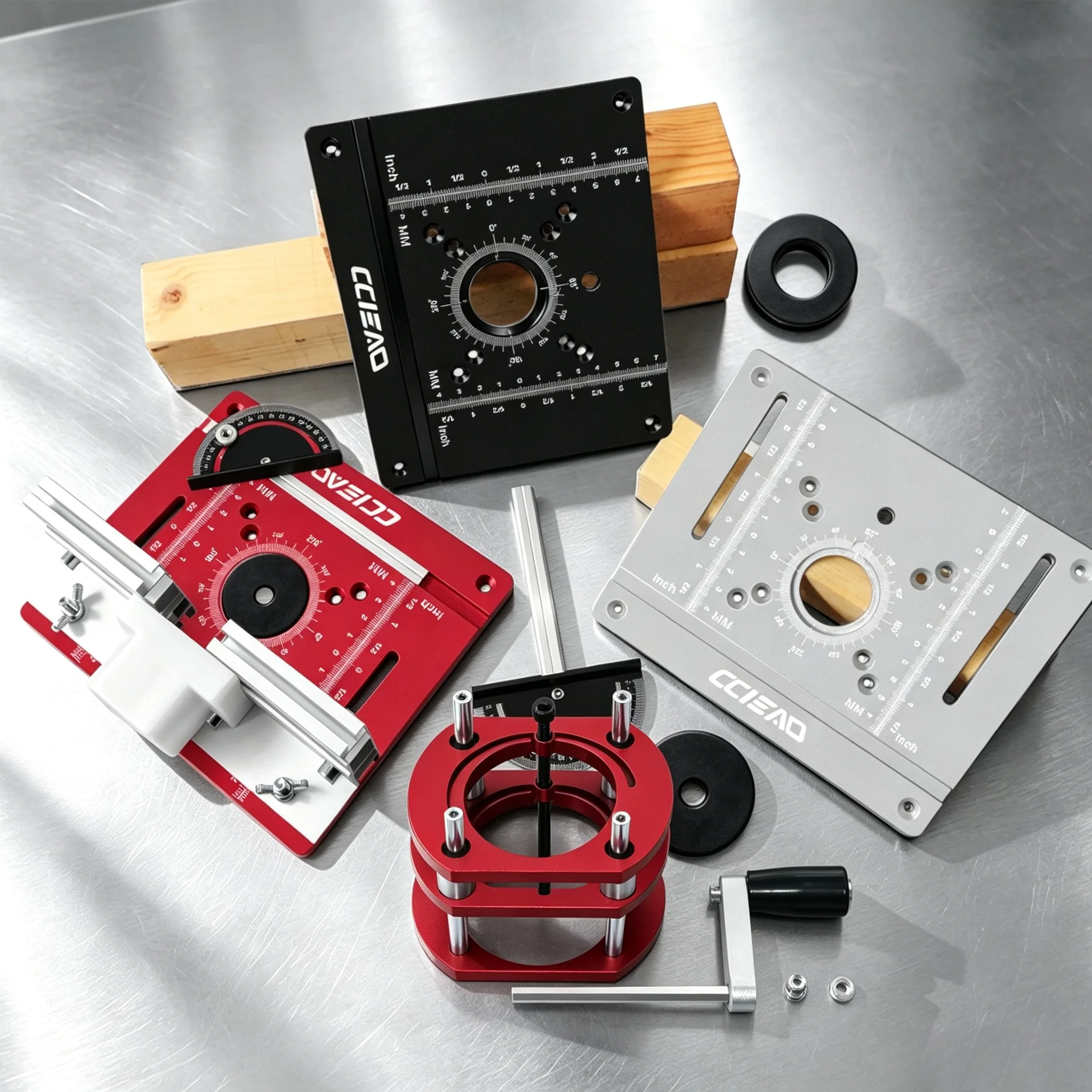Aluminum Router Table Insert Plate Set with Router Lift Base, Multifunctional Woodworking Tool for Slotting Trimming Chamfering