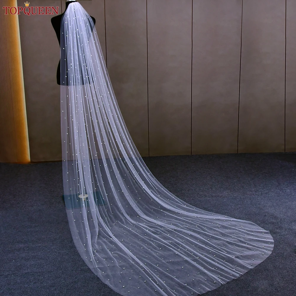 TOPQUEEN Perlen Hochzeit Schleier 1 Tier Soft Bridal Veil Beaded Hochzeit Zubehör 3M Kathedrale Länge Schleier für Braut Elfenbein v176 – Detail 13
