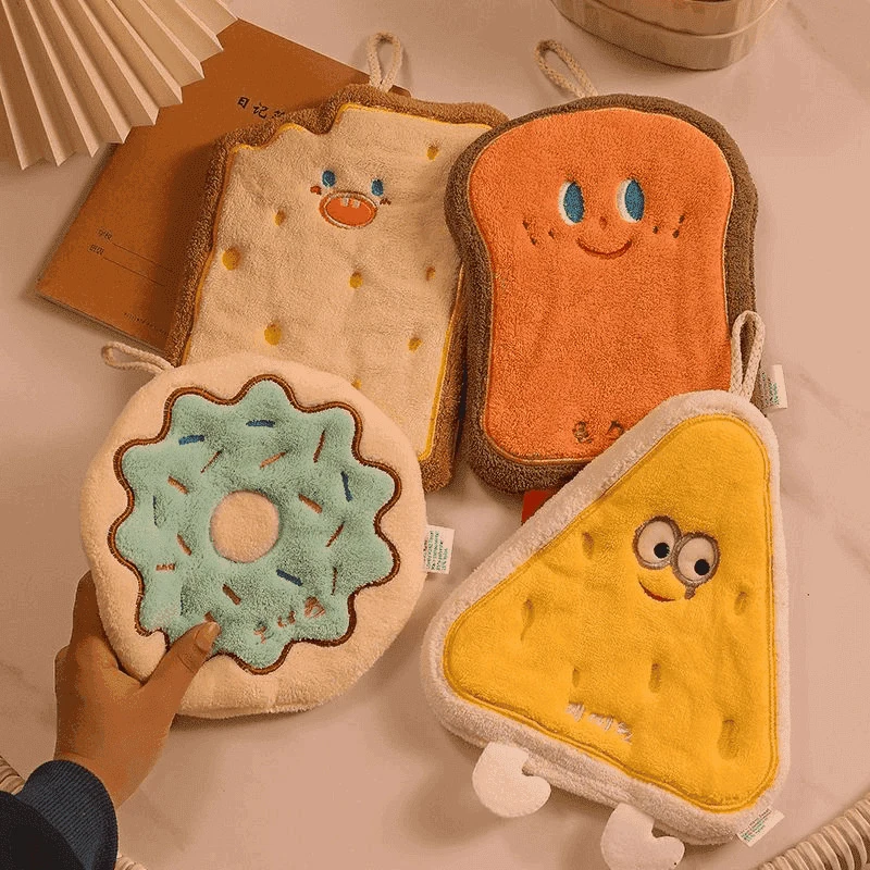 لطيف الكرتون نمط منشفة معلقة لمسح الأيدي سماكة ماصة منشفة ناعمة Kawaii مع حلقة معلقة لوازم الحمام