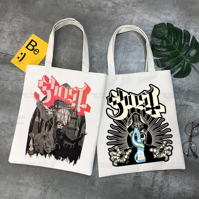 Bolsa de compras Ghost Rock Band para homens e mulheres, sacolas de algodão reutilizáveis, lona, sacolas de personagens populares, alta capacidade, prevalente