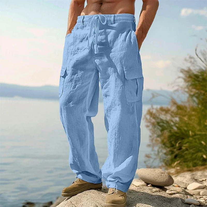 Multi Pockets Patchwork Mens Cargo Pants 2025 Summer Trendy Solid Color Loose Linen Trousers Men Vacation Beach Casual Trousers