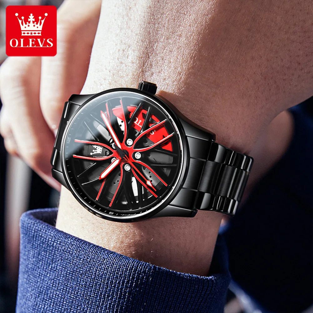 OLEVS-Reloj de pulsera de acero inoxidable para hombre, nuevo accesorio de pulsera de cuarzo con esfera giratoria hueca 3D, luminoso, color negro,