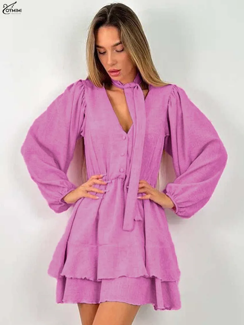 

Oymimi Fashion Deep Pink Womens Dresses Elegant O-Neck Lace-Up Long Sleeve Dresses Autumn Single Breasted Pleated Mini Dress