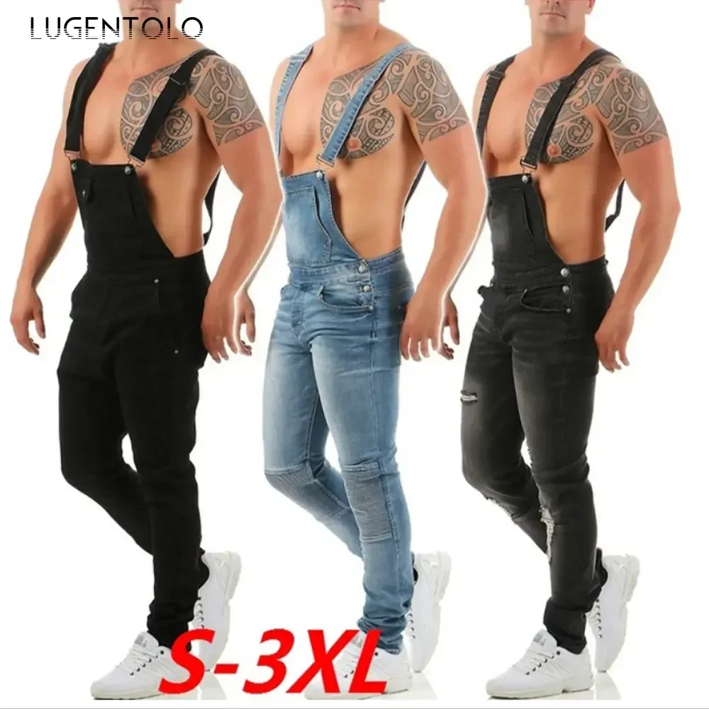 

Lugentolo Ripped Men Jeans Overalls Fashion Do Old Hole Cargo Pants Skinny Solid Casual Denim Street Clothing