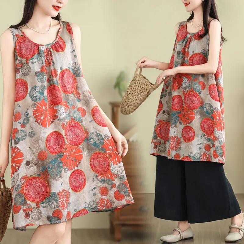 

plus Size Summer Women's Dr Loose A-Line Skirt Svel round Ne Cotton Linen Print Thin Material Floral Dr