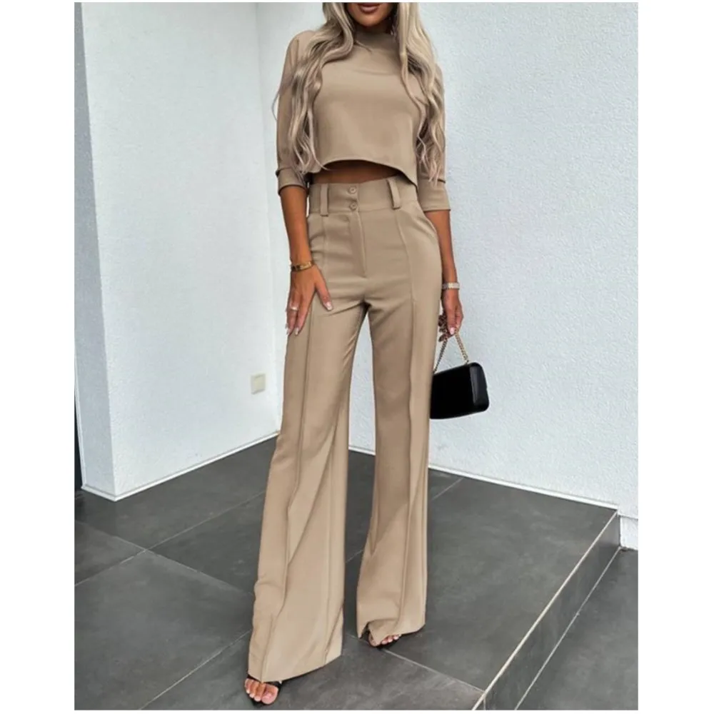 Elegant Crop Top High Waist Wide Leg Pants Two-piece Set For Women 2024 New Autumn Fresh And Sweet Female Fashion Casual Outfits