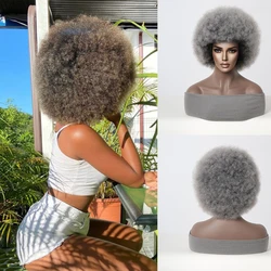 Afro Wigs Kinky Curly Bomb Synthetic Wigs Fluffy Gray Ombre Short Deep Wave Wig with Bangs for Women Brizilian Heat Resistant