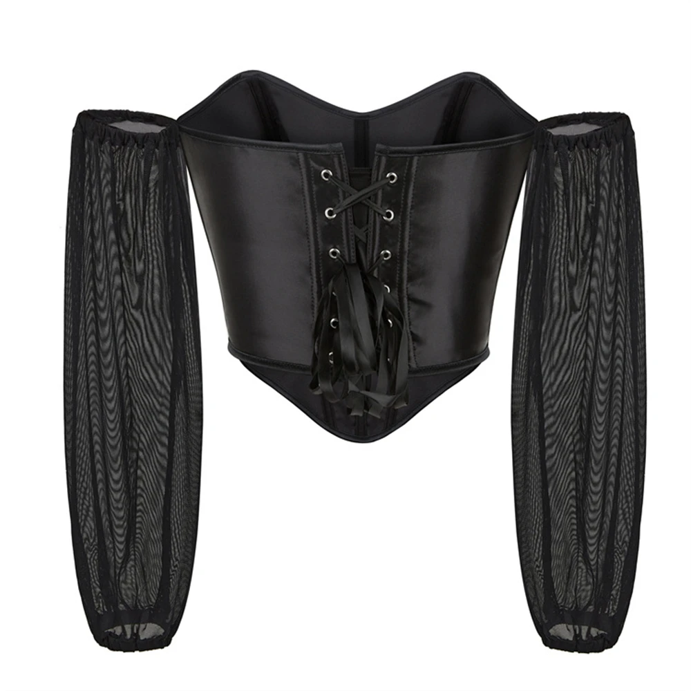 Vintage Satin Corset Women Black Mesh Long Sleeved Slim Waist Fishbone Bandage Bustiers Shaping Top Burlesque Costumes