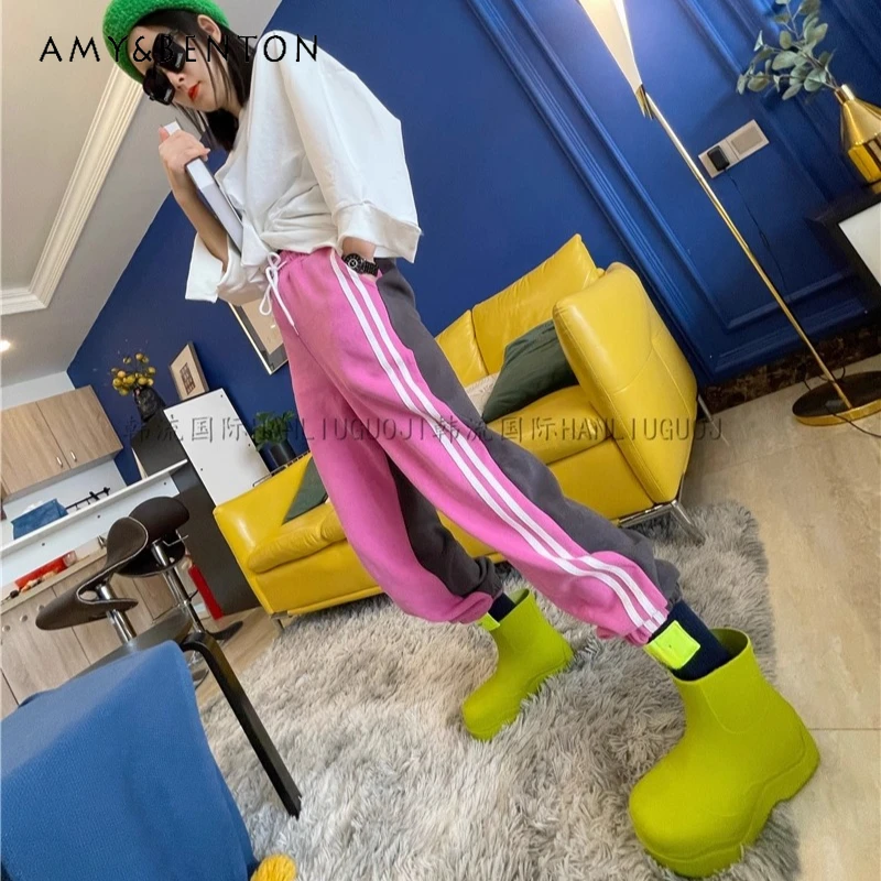 

Fashion Casual Sweatpants Ladies Autumn High Waist Slimming Joggers Trousers Versatile Loose Slacks 2-Stripe Cuffed Sports Pants