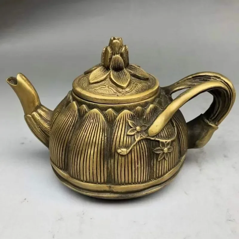 Chinese antique collection cupronickel lotus teapot crafts Statue Antique copper carving flower pot
