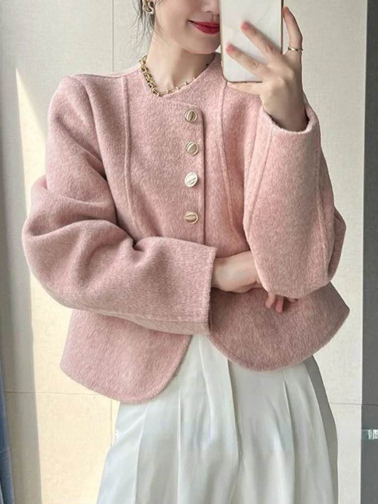 Nowe płaszcze damskie na jesień 2025, moda koreańska, okrągły dekolt, jednorzędowy płaszcz wełniany, elegancki temperament, różowe kurtki dla kobiet.