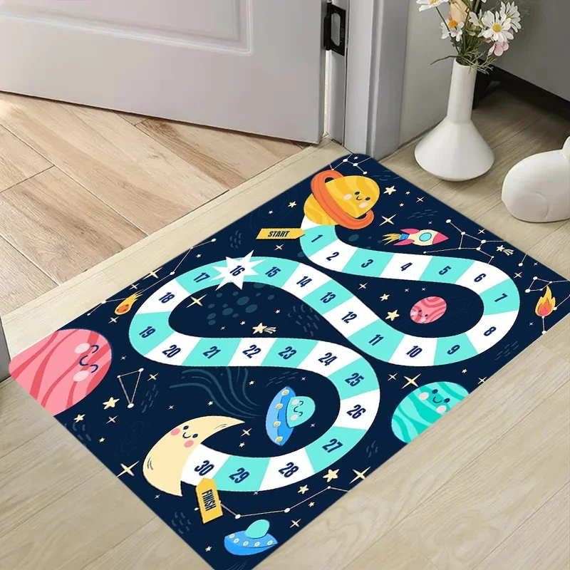 Cartoon Space Planet Board Game Print Door Mat Anti Slip Entrance Doormat Galaxy Rocket Number Pattern Rug Playroom Decor