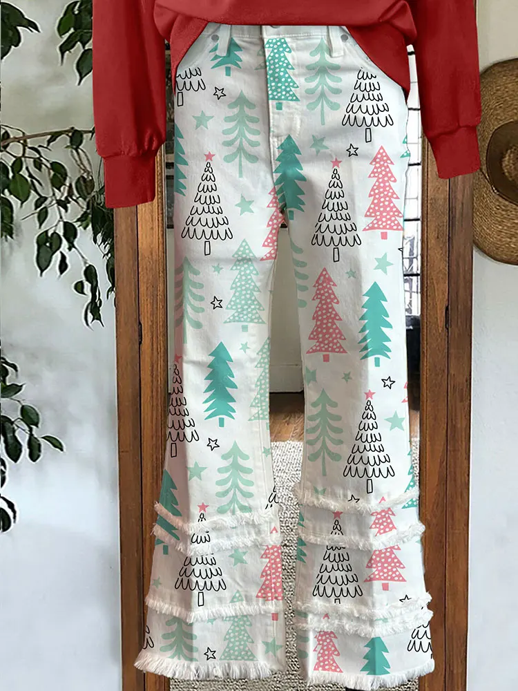 Pantalon pompon imprimé sapin de Noël, frais