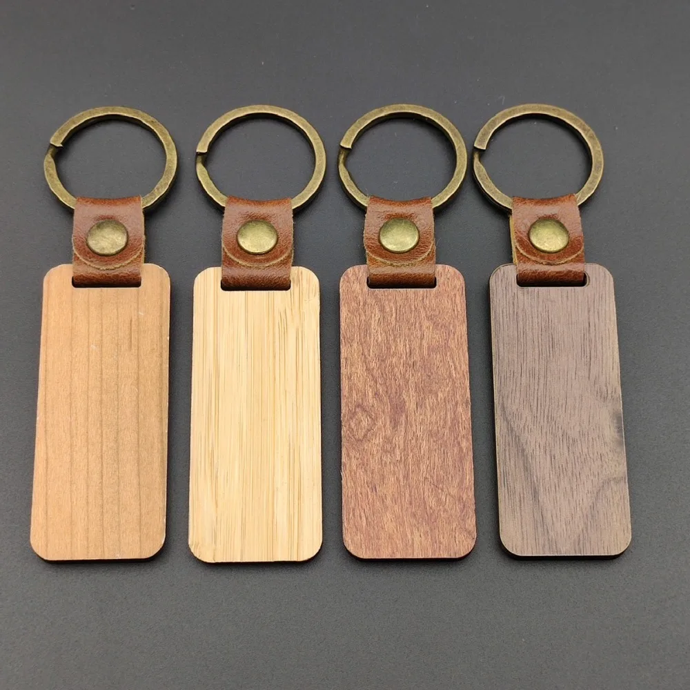 

Custom Engraved KeyRing Leather Strap Car Key Ring Keychain Fashion Wooden KeyChains Creative Accessories Rectangle Shape Gift