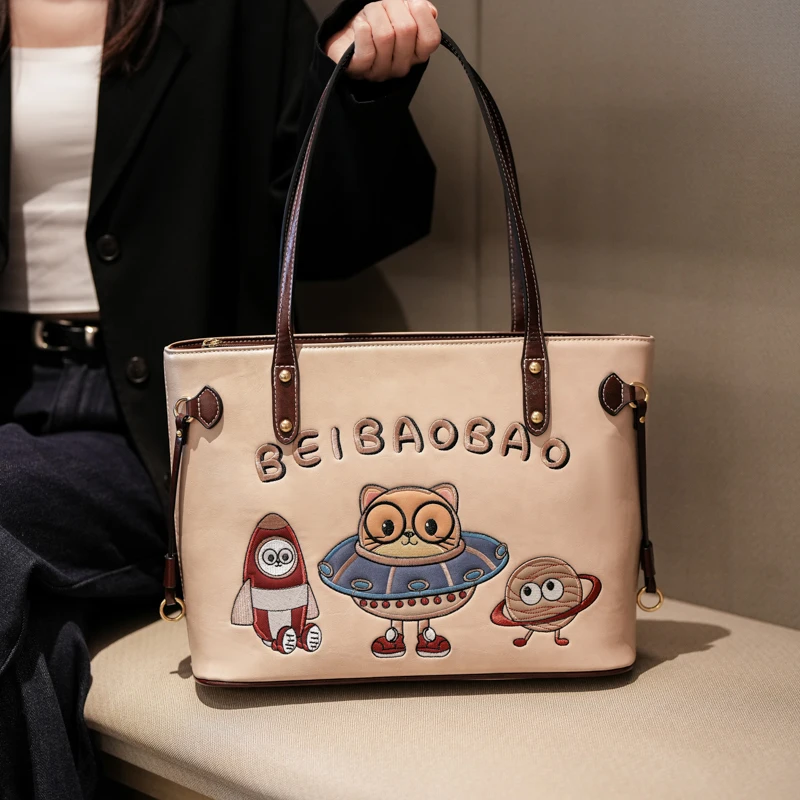 

Beibao 2025 New Tote Women's Bag Cartoon Cat Design Single Shoulder Underarm Bag Casual Large Capacity Handbag