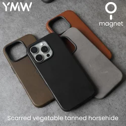 YMW Magnetic Scars Genuine Leather Case for iPhone 16 Pro Max 15 14 Personality Horsehide Magnetic Phone Cover
