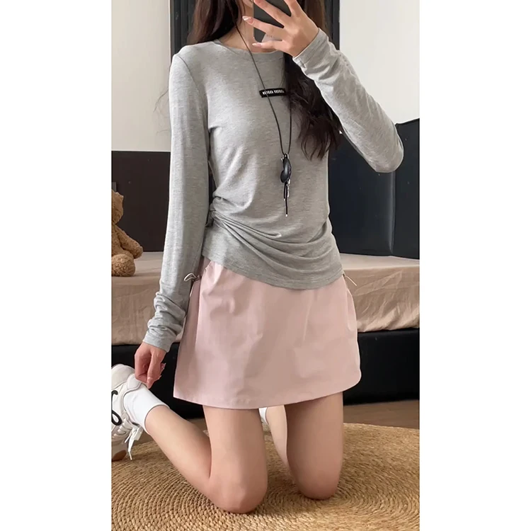 Damska spódnica z wysokim stanem, luźna, wygodna, różowa, letnia, nowa, zapobiegająca prześwitywaniu, codzienna, z detalami, spódnica robocza.