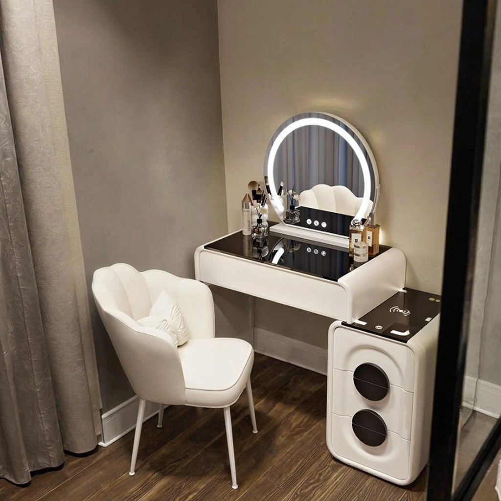 Dressing Table with Built-in Bluetooth Speaker & LED Mirror,  Makeup Vanity for Bedroom Home Furniture Decor