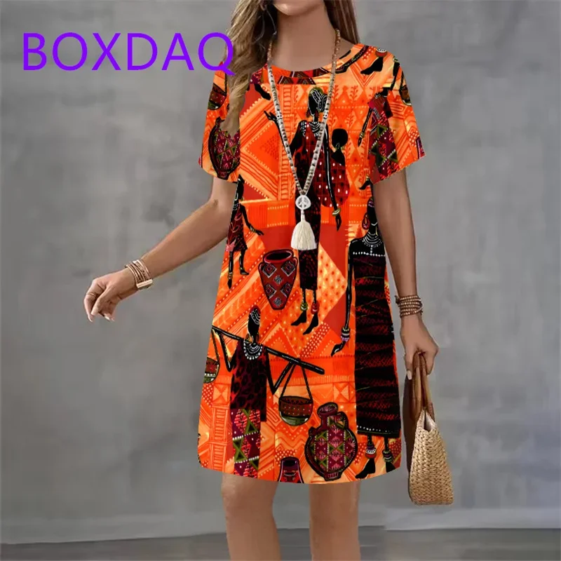 

Plus Size Retro African Style Print Women Dress Summer Streetwear Clothes Short Sleeve O-Neck Loose Casual Mini Dress 8XL 9XL