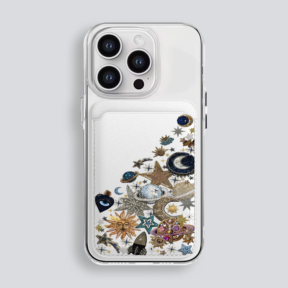 Golden Stars Moon Y2K Leder-Kartenetui Handyhülle Kartenhalter Magnetische Hülle Geeignet für alle iPhones mit Magsafe-Kartenfunktion – Detail 3