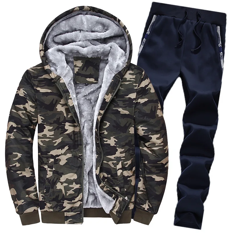 Prowow Winter clothing new Plush men's sportswear sweatshirt set oversized slim fit thick warm camouflage suit