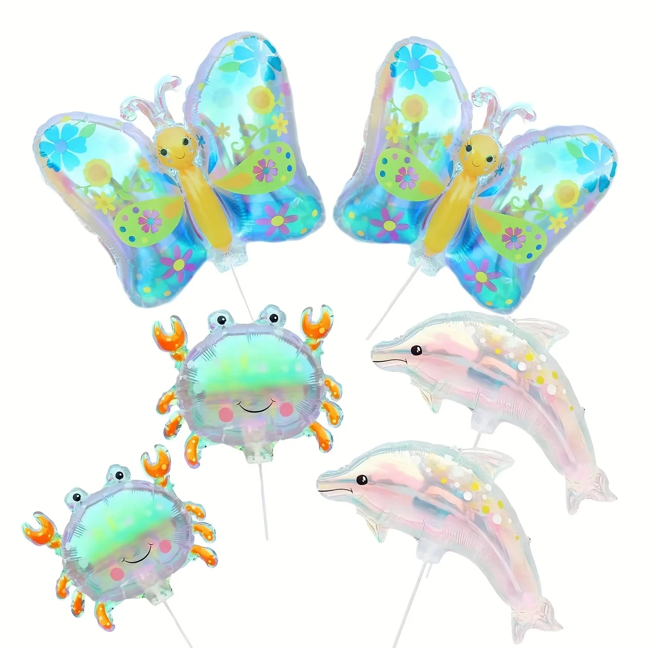 Globos de Aluminio Holográficos con Forma de Animales, 2/6 Piezas, Mariposa, Cangrejo, Delfín, Palitos Inflables para Decoración de Fiestas Infantiles