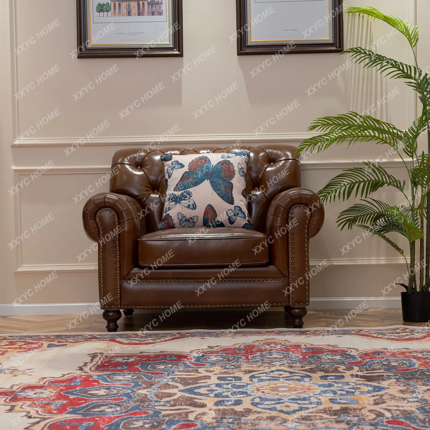 Double leather sofa combination buckle retro style villa furniture leather sofa