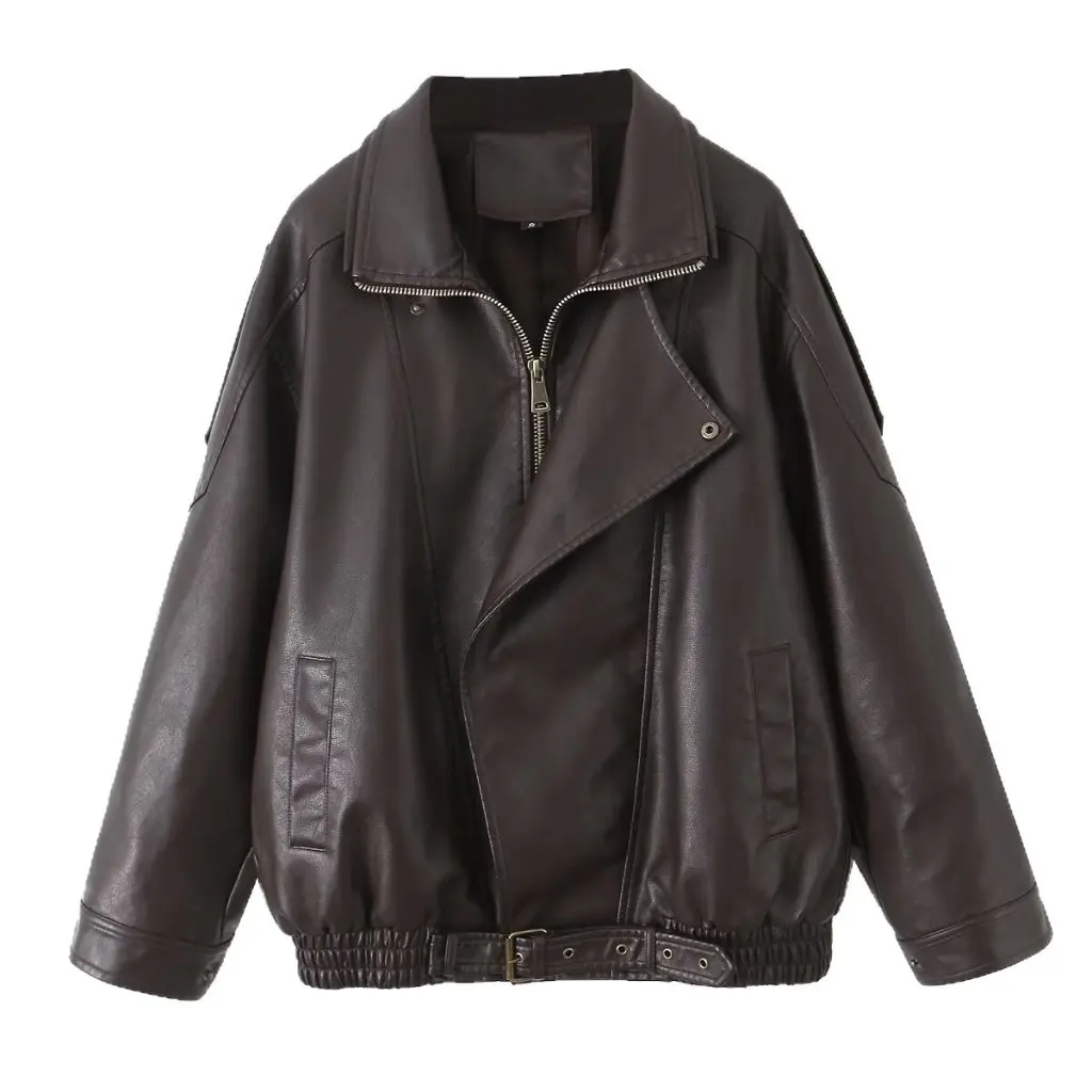 

Women's Early Autumn New Vintage Hong Kong Style PU Leather Jacket Asymmetric Design Stand Collar Coat