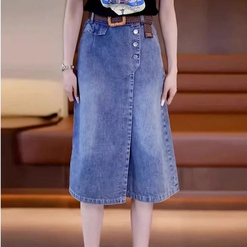 High Waist Wide Leg Capri Pants denim skirt hakama Women's Outfits Fashionable one piece skirt dark blue