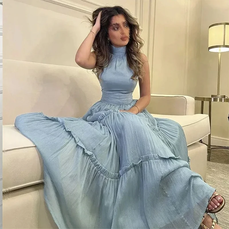 Light Blue Halter High collar Evening Dresses Tiered Pleat Sleeveless Women Formal Party Prom Dresses Customized