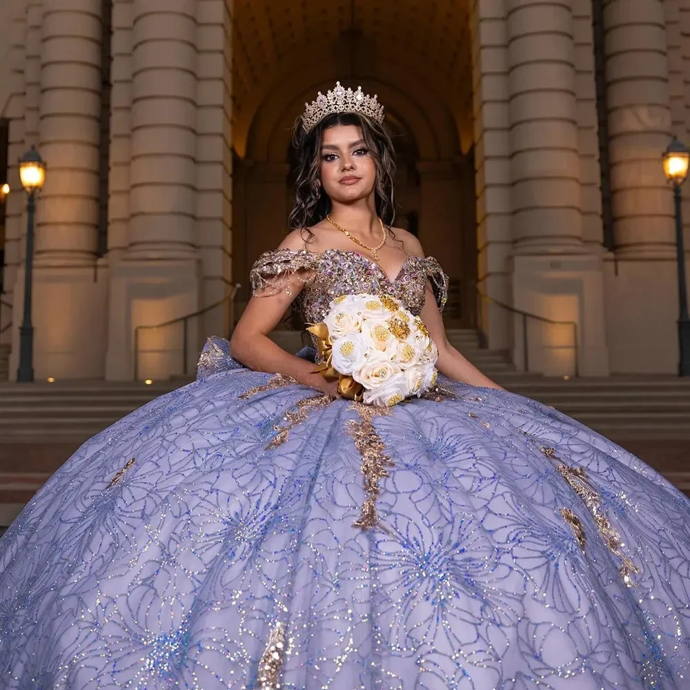 Sparkly Charro Quinceanera Dresses Ball Gown Off The Shoulder Appliques Beaded Mexican Sweet 16 Dresses 15 Anos Customized