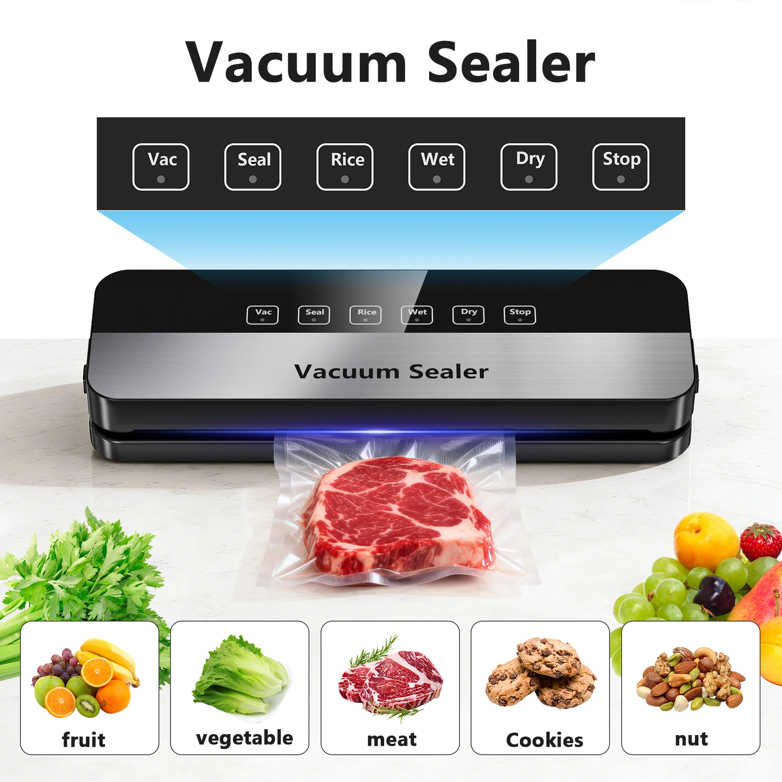 

Home Automatic Food Vacuum Sealer, 6 Function Buttons, Dry/Wet Sealing Modes, Refrigerated Categorized Food Preservation