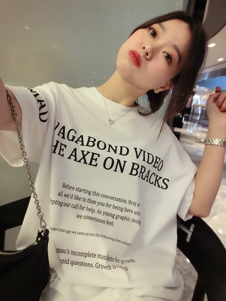 

Свободная женская футболка из чистого хлопка с принтом, милый летний повседневный стиль, высокий воротник, стандартный крой, белая...