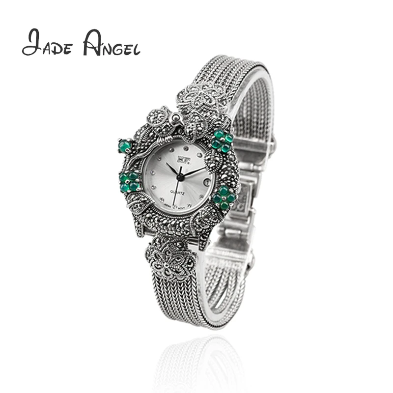 Jade Angel Real 925 Sterling Silver Wheat Chain Wrist Watches for Women Thailand Vintage Pave Synthesis Green Onyx Marcasite
