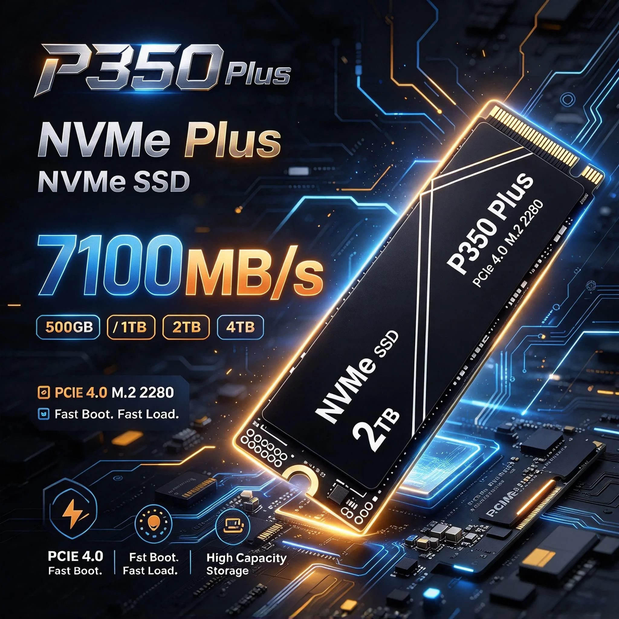 P350 Plus NVMe SSD 500GB 1TB 2TB 4TB 7100MB/s PCIe 4.0 M.2 2280 Internal Drive 2X Speed Boost for Laptop Desktop Computer Pro
