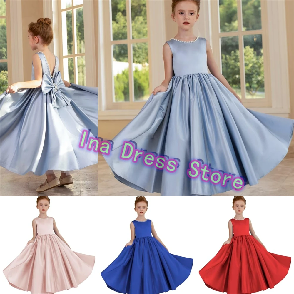 

Flower Girl Dress Lovely Sky Blue Satin A-line Pearls Decoration Little Girls Birthday Party Ball First Communion Evening Gowns