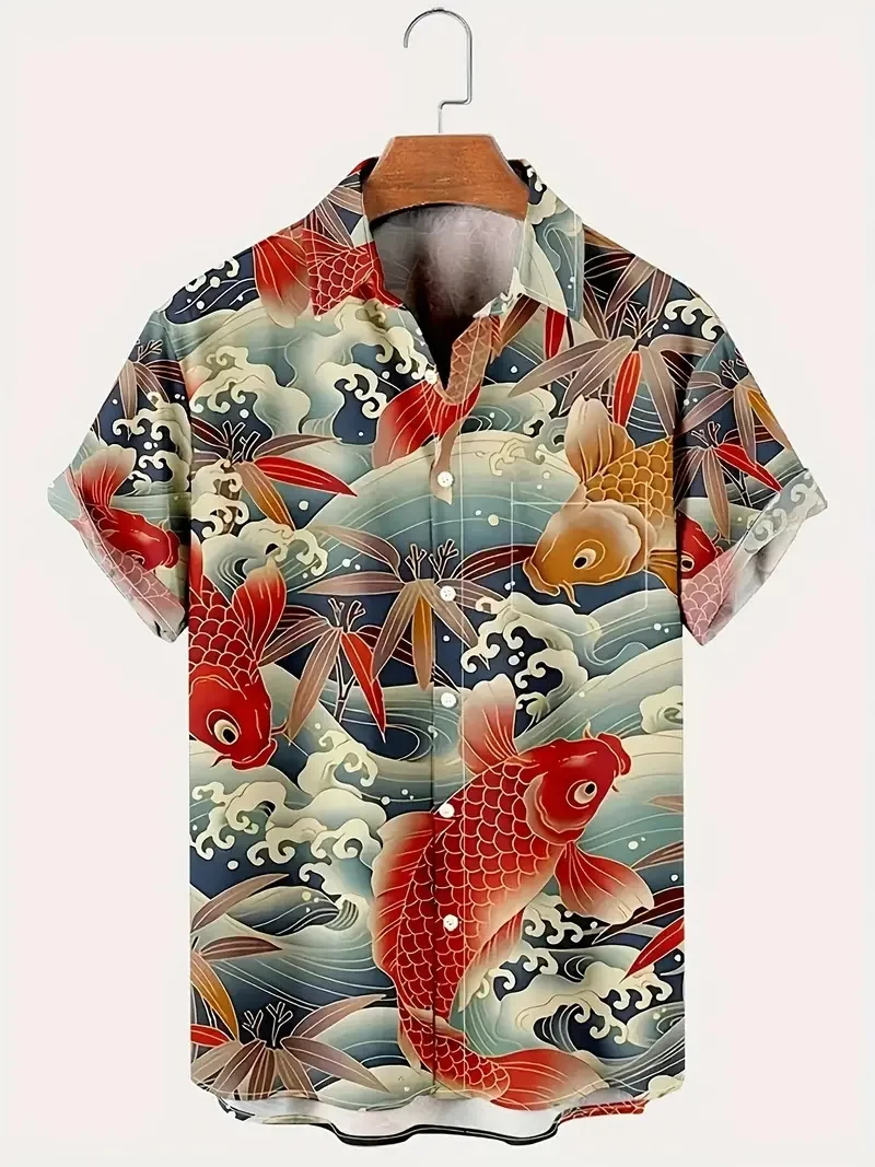 

Men's stylish Hawaiian lapel graphic shirt with trendy animal print suitable for summer vacation and casual wear