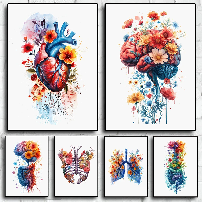(No frame)Watercolor Floral Organs Human Anatomy Heart Brain Digestive Lungs Medical Poster Canvas Painting Wall Art Pictures