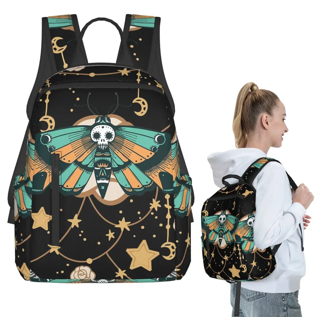 

Gothic Moth And Skull Starry Night Backpack Student BookBag Kids School Bag Laptop Shoulder Bags Men Women