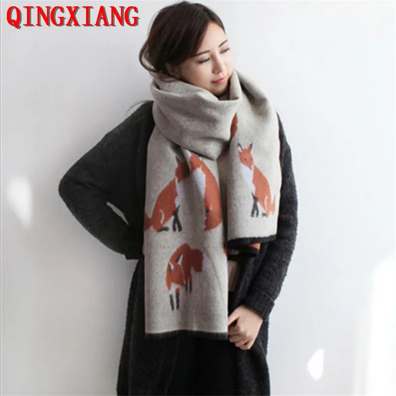 

Luxury Fox Pattern Scarf Tassel Double Side Fashion Winter Warm Streetwear Wrap Female Thick Faux Cashmere Ring Women Pashmina