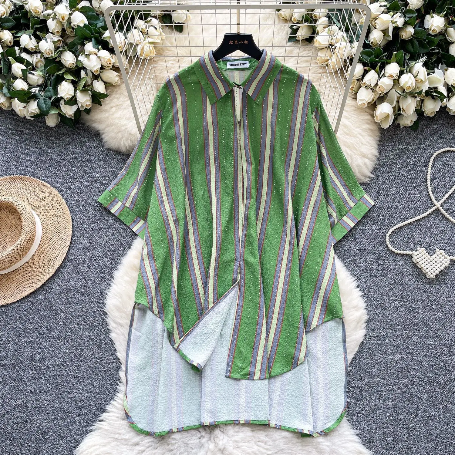 

Blouses Women Shirt Turn Down Collar Full Sleeve Tops Striped Y2k Streetwear Elegant Splice Casual High Waist Mid Length Top
