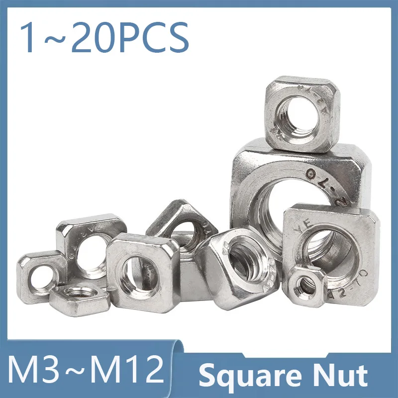 1-20pcs Metric Square Nuts M3 M4 M5 M6 M8 M10 Stainless Steel Metric Threaded Thin Square Nut Foursquare Quadrate Nut