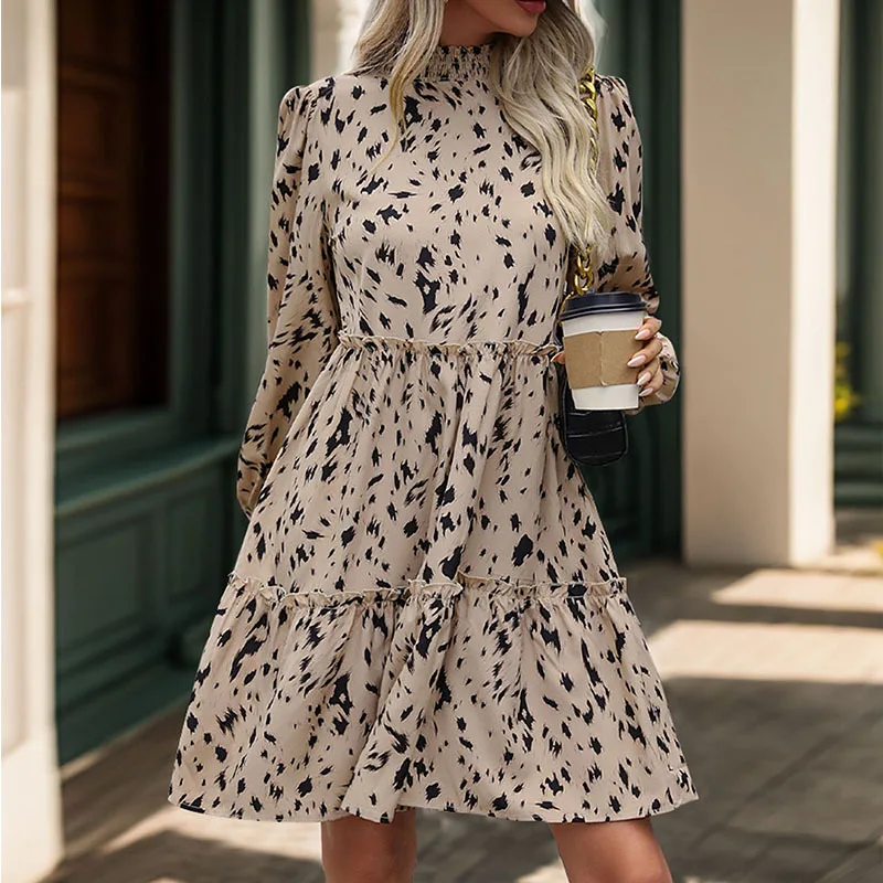 New Spring and Autumn French Floral Print Long Sleeve New Flowing Dress for Women High Waist