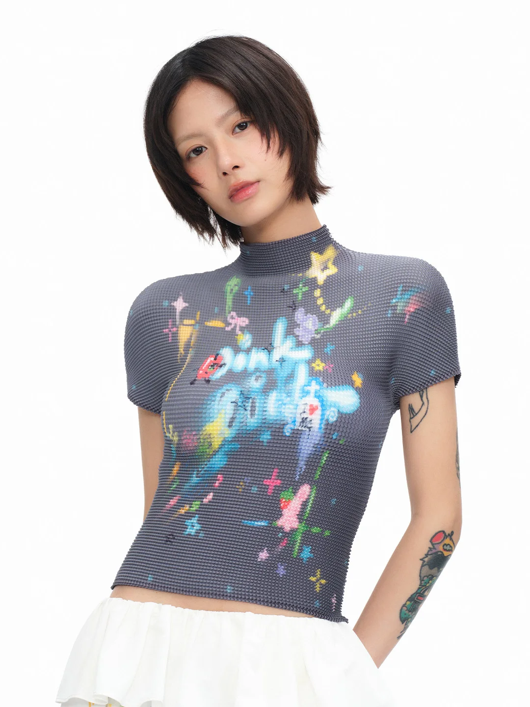 Hand-Drawn Graffiti Print Pleated Top Lightweight Breathable Short Sleeve T-Shirt Shoulder Width Regular Polyester Summer Cas...