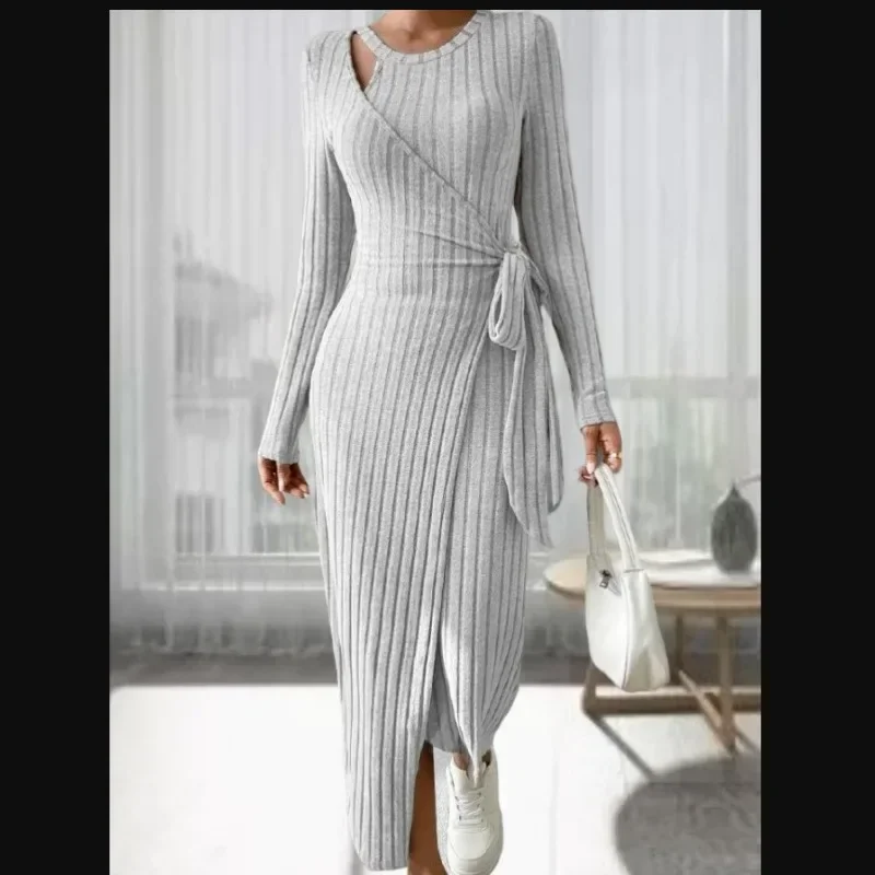 Women Long Sleeve Slim Solid Color Dress Sashes Ankle Length O Neck Dress