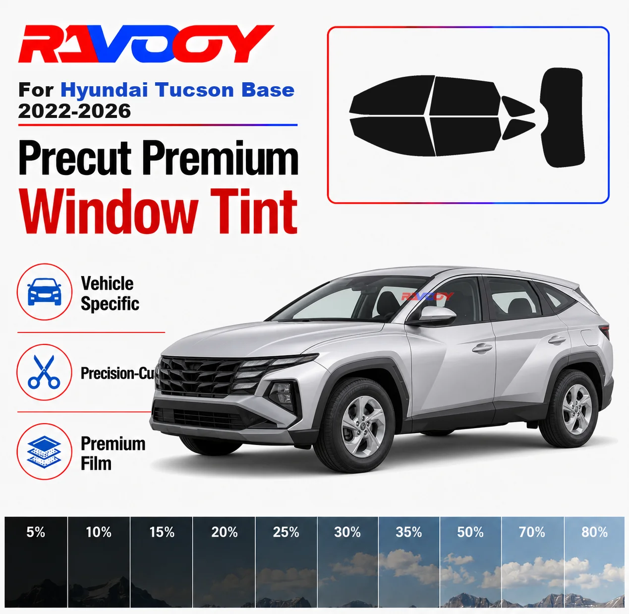 

Premium Precut Window Tint Kit Front Rear Windows Rear Windshield For Hyundai Tucson Base 2022-2026 Car Solar Nano Ceramic Film