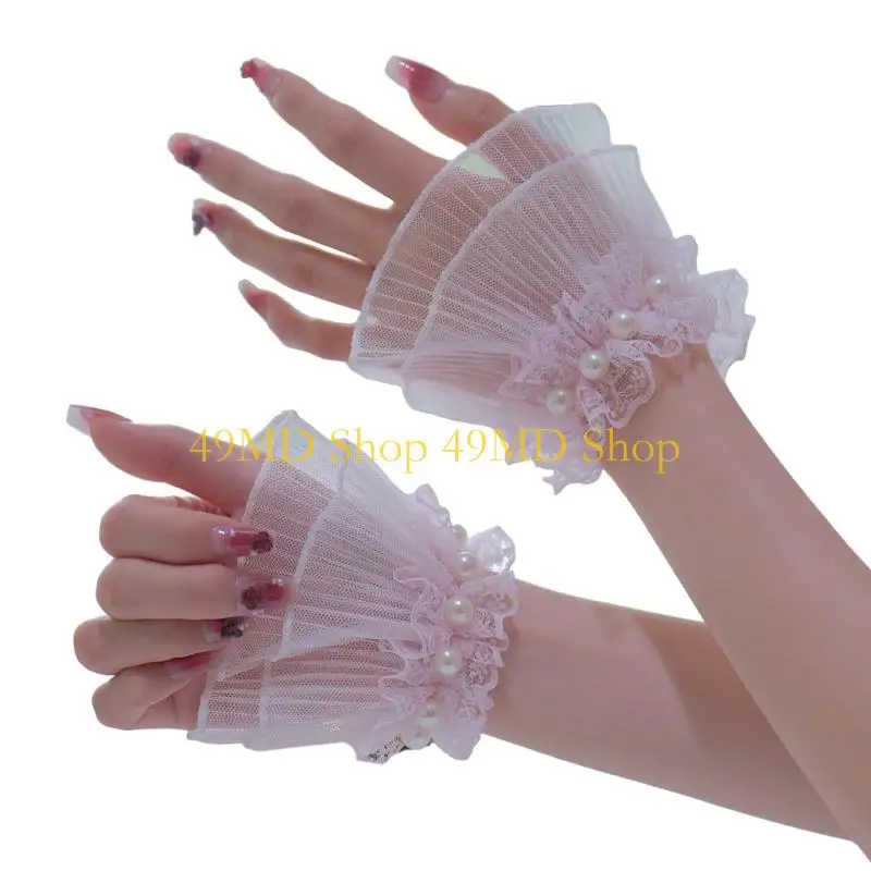 49MD Stretchy Wrist Cuffs With Artificial Pearls Lace Hand Sleeves for Party
